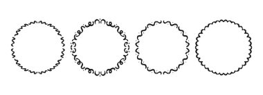 Çember el dalgalı çerçeve seti. Yuvarlak siyah kurdele sınır koleksiyonu. Vektör karalanmış dantel kadrolu çerçeveler. Davetiye, düğün, doğum günü, tebrik kartı tasarımı için radikal kıvrımlı sınır paketi