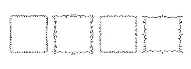 Kare el dalgalı çerçeve seti. Siyah kurdele sınır koleksiyonu. Vektör karalanmış kıvrımlı kadro çerçeve demeti. Davetiye, düğün, doğum günü, tebrik kartı tasarımı için eğri büğrü sınır paketi