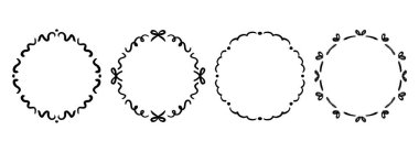 El çizimi dalgalı çerçeve seti. Romantik kıvırcık kurdele koleksiyonu. Şirin, karalanmış kadraj çerçeveleri. Davetiye, düğün, doğum günü, kutlama tasarımı için kıvrımlı kıvrımlı sınır paketi