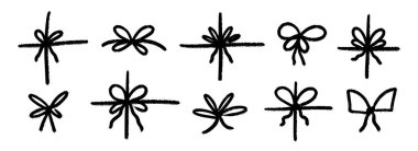 Boya kalemi, hediye fiyonk koleksiyonu. Siyah karalanmış kurdele seti. Fırça darbesi, hediye paketi, paket, kutu süslemesi için karalanmış elementler. Çizilmiş tebeşirle boyanmış düğümler. Vektör