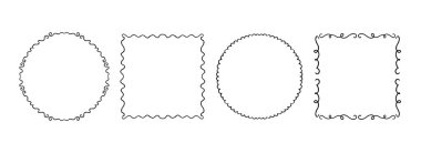 El çizimi dalgalı çerçeve. Siyah kare ve daire şeklinde kurdele sınır koleksiyonu. Vektör karalanmış dantel kadrolu çerçeveler. Davetiye, düğün, doğum günü, tebrik kartı tasarımı için eğri büğrü sınır paketi