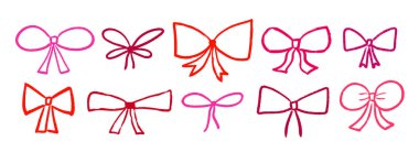 Boya kalemi el yapımı yay koleksiyonu. Kırmızı ve pembe karalanmış kurdele seti. Fırça darbesi, hediye paketi, hediye paketi, mevcut kutu süslemesi için karalanmış elementler. Çizilmiş tebeşirle boyanmış düğümler. Vektör