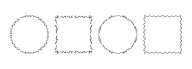 El çizimi dalgalı çerçeve. Siyah kare ve daire şeklinde kurdele sınır koleksiyonu. Vektör karalanmış dantel kadrolu çerçeveler. Davetiye, düğün, doğum günü partisi, tebrik kartı tasarımı için kıvrımlı sınır paketi