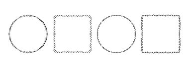 İnce el çizimi çerçeve takımı. Siyah kare ve daire şeklinde kurdele sınır koleksiyonu. Vektör karalama kadrajları. Davetiye, düğün, doğum günü, tebrik kartı tasarımı için kabarık ve çizgili sınır paketi