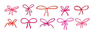 Kırmızı ve pembe el yay koleksiyonu. Boya kalemi karalanmış kurdele seti. Fırça darbesi, hediye paketi, hediye paketi, mevcut kutu süslemesi için karalanmış elementler. Çizilmiş tebeşirle boyanmış düğümler. Vektör