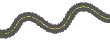 Üst Manzara Viraj Yolu. Virajlı otoyol şeridi veya dalgalı yarış pisti. Bend caddesi yolu. Kasaba ya da şehir asfalt yolu dönüyor. Kıvırcık yol şeridi elementi. Vektör illüstrasyonu