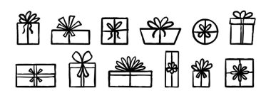 Kara karalanmış hediye kutuları seti. Kurdele yayıyla el çizimi hediyeler. Tatil, doğum günü, yeni yıl, Noel, düğün için kutlama dekorasyonu. Çizgi film stili hediye paketi. Vektör