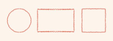 Kırmızı el taraklı çerçeve seti. Dalgalı sınır koleksiyonu. Çember, dikdörtgen ve kare karalanmış istiridye kutusu. Davetiye şablonu, poster, afiş için. Eğri büğrü köşeler çizim kadranını belirler. Vektör