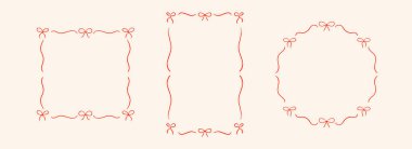 Kırmızı el yay çerçeve seti. İnce kurdele sınır koleksiyonu. Çember, dikdörtgen ve kare karalanmış kutu. Davetiye şablonu, poster, afiş için. Coquette çizim çantası. Vektör