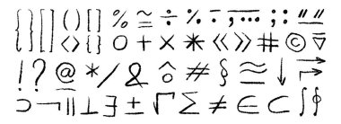 El çizimi noktalama işaretleri ve matematik işaretleri ayarlandı. Siyah kaba kömür parantezleri soru işareti, ünlem işareti ve tırnak işareti. Çeşitli matematiksel semboller var. Vektör çizilmiş paketi