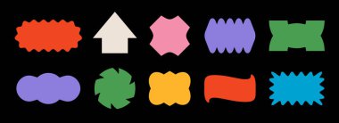 Parlak renkli soyut etiket seti. Rozet, etiket, etiket, afiş, poster, el ilanı, logo için harika geometrik çerçeve paketi. Retro pop sanat sınır unsurları koleksiyonu. Çeşitli yama paketleri