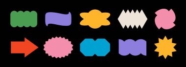 Parlak renkli soyut etiket seti. Rozet, etiket, etiket, pankart, poster, işaret, yama, logo için mükemmel geometrik çerçeve paketi. Retro pop sanat sınır unsurları koleksiyonu. Çeşitli bilet paketlerini yönlendir