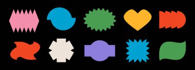 Bright colorful abstract sticker shape collection. Retro pop art border element set. Groovy geometric frame pack for patch, badge, tag, label, banner, poster, sign. Vector various ticket bundle