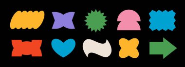 Parlak renkli soyut etiket şekli koleksiyonu. Retro pop sanat sınır unsuru ayarlandı. Yama, rozet, etiket, etiket, afiş, poster, çıkartma için harika geometrik çerçeve paketi. Çeşitli bilet paketlerini yönlendir