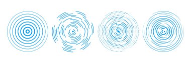 Mavi radyal konsantre daire seti. Merkez üssü, hedef, radar, deprem, tsunami sembolü için yarım ton, kesik ve noktalı halkalar. Ses dalgası sinyali koleksiyonu. Vektör dalgalanması genişletici titreşim elementleri