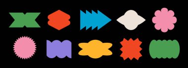 Renkli soyut etiket şekil koleksiyonu. Retro pop sanat sınır unsuru ayarlandı. Yama, rozet, etiket, etiket, afiş, poster, etiket için parlak geometrik çerçeve paketi. Çeşitli bilet paketlerini yönlendir