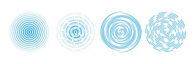 Mavi radyal konsantre daire seti. Merkez üssü, hedef, radar, deprem, tsunami sembolü için yarım ton, kesik ve noktalı halkalar. Vektör dalgalanan geniş titreşim elementleri. Ses dalgası sinyal koleksiyonu