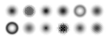Yarıton radyan gradyan koleksiyonu. Noktalı doku yuvarlak desenler. Çizgi roman solmuş çemberler arka plan seti. Çerçeve, poster, kolaj, afiş ve broşür için soyut pikselleştirilmiş elementler. Vektör karikatür paketi