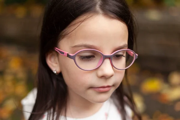 Portrait Close Cute Beautiful Little Girl Glasses Outdoors — Stock Photo, Image