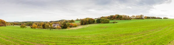 Земля Ферме Посреди Зеленого Поля Панорамные Сельские Осенние Пейзажи Северном — стоковое фото