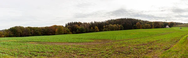 巨大な緑のフィールドの真ん中に孤独な村の家ドイツのノルトライン ヴェストファーレン州のパノラマの田舎の秋の風景 — ストック写真
