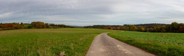 Пустая Узкая Дорога Посреди Осенних Полей Сельский Пейзаж Северном Рейне — стоковое фото