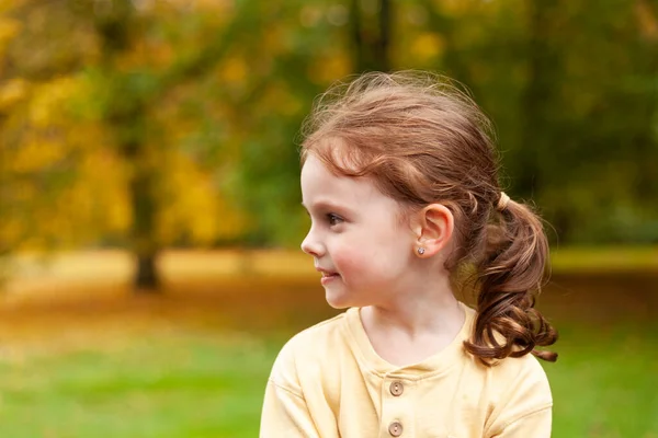 Aranyos Vörös Hajú Kislány Őszi Parkban Gyönyörű Baba Lehulló Levelek — Stock Fotó