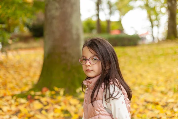 秋の公園を歩いていると 眼鏡で長い髪の少女 屋外で暖かいベストで美しい子供 — ストック写真