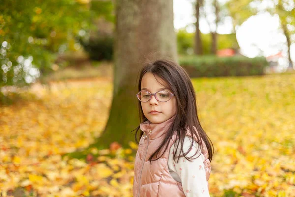Mała Dziewczynka Długimi Włosami Okularach Spacerze Jesiennym Parku Piękne Dziecko — Zdjęcie stockowe