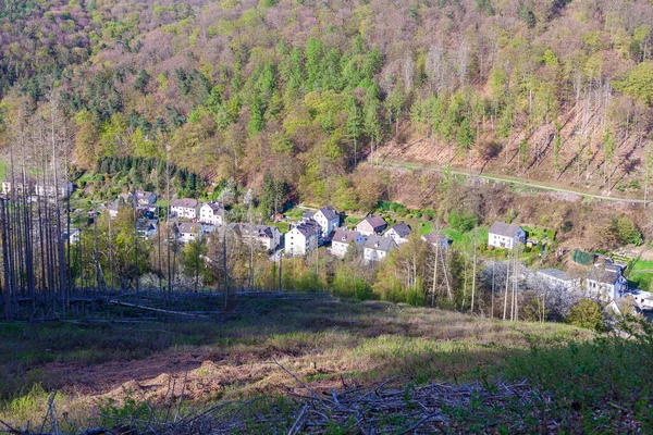Vrcholu Hory Nádherný Výhled Vesnici Uhnízděnou Jarním Lese Stromy Jsou — Stock fotografie