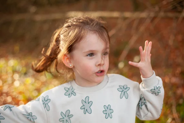 Sonbahar Parkında Küçük Bir Kızın Portresi Sığ Alan Derinliği — Stok fotoğraf