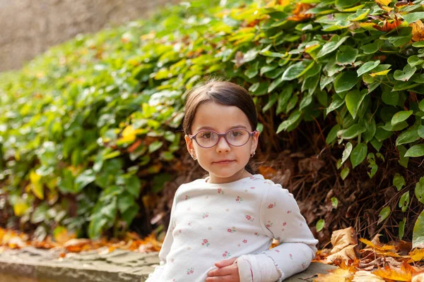 Retrato Una Hermosa Niña Con Gafas Parque Otoño —  Fotos de Stock