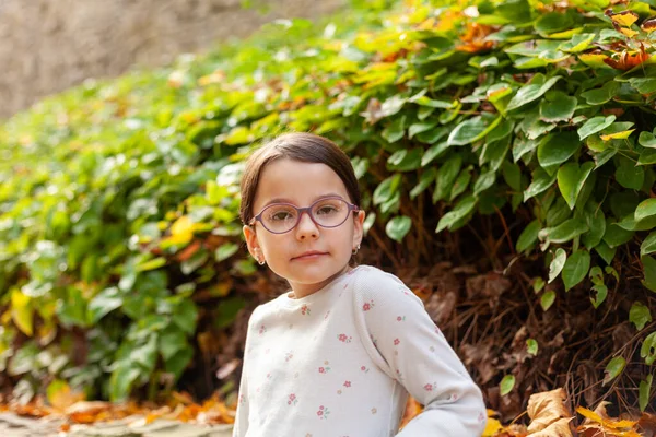 Retrato Una Linda Niña Con Gafas Sentadas Parque —  Fotos de Stock