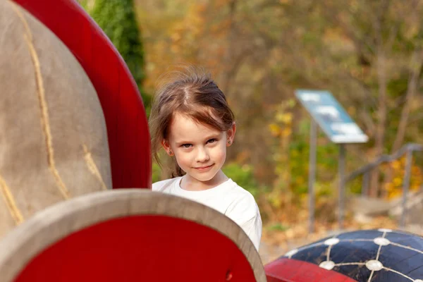 Αξιολάτρευτο Κοριτσάκι Που Διασκεδάζει Στην Παιδική Χαρά Στο Πάρκο Του — Φωτογραφία Αρχείου