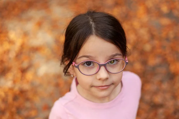 Porträtt Vacker Liten Flicka Med Glasögon Höstparken — Stockfoto