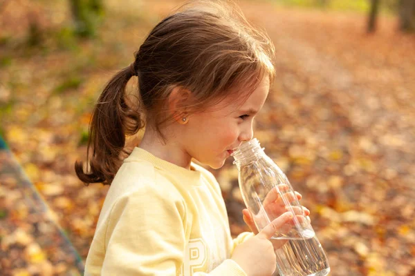 Мила Дівчинка Воду Пляшки Осінньому Парку — стокове фото