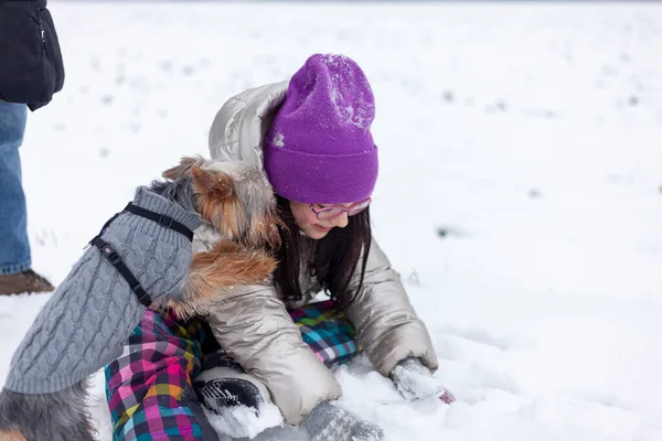 Küçük Kız Soğuk Bir Kış Gününde Karda Köpekle Oynuyor — Stok fotoğraf