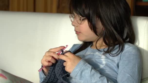 Una Adolescente Con Gafas Sienta Sofá Tejiendo Suéter Azul — Vídeos de Stock