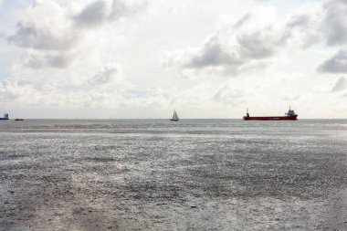 Denizde kargo gemisi ve bulutlu gökyüzü olan deniz burnu.