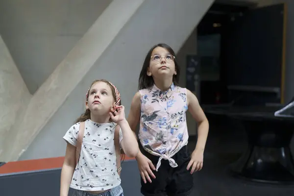 stock image Two cute beautiful schoolgirls look up with surprise and interest in the museum. Children's education concept