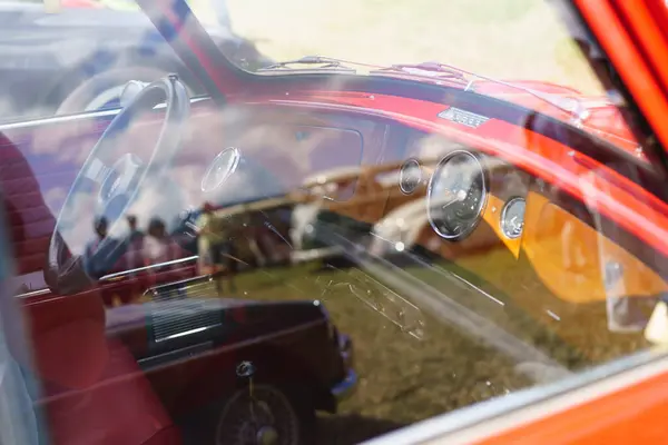 stock image Iserlohn Gruermannscheide, NRW, Germany. 13th of July 2024. Interior of an old vintage British Mini car at an oldtimers auto show