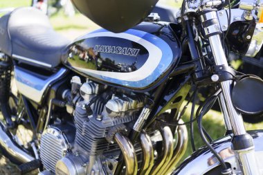 Iserlohn Gruermannscheide, NRW, Almanya. 13 Temmuz 2024. Kawasaki motosikleti yakın çekim.