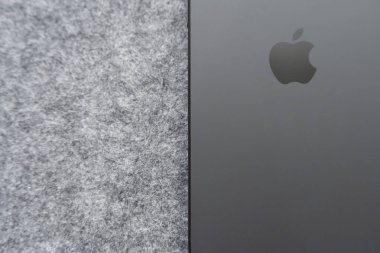 Iserlohn, NRW, Almanya. 23 Şubat 2025. Fotoğrafın yarısı üzerinde logo olan gri bir Apple iPhone 'un arkasını gösteriyor..