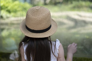 Hasır şapkalı kız, şeffaf bir bardağa yaslanmış, mesafeye bakıyor. Arkadan bak. Çocukluk merakı kavramı
