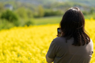 Güneş gözlüklü güzel, siyah saçlı bir kız ve elinde akıllı bir tişörtle sarı bir ırz tohumları tarlasının önünde fotoğraf çekiyor. Dijital yaşam ve doğa kavramı