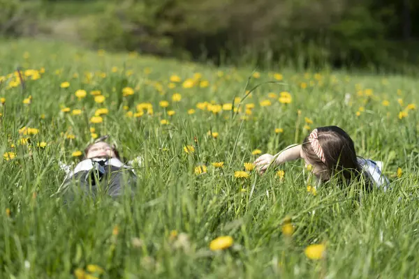 Yazın yeşil bir alanda Trafe oynayan iki kız kardeş. Çocukların eğlence konsepti.
