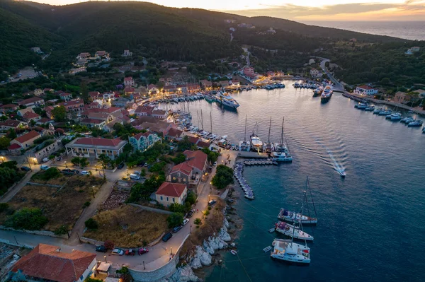 stock image Aerial view of the beautiful Fiskardo village in kefalonia island, ionian, west Greece.