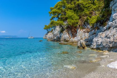 The famous crystal clear turquoise waters of Kastani beach where the famous Mamma Mia movie was filmed, located in Skopelos island, Sporades, Greece