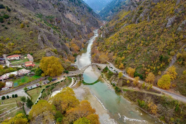 Aerial View Stone Bridge Konitsa Aoos River Automn Colors Zagori — Stock Photo, Image