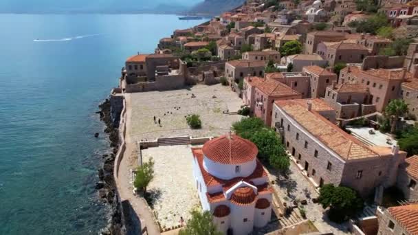 Aerial Video Drone Medieval Castle Monemvasia Lakonia Peloponnese Greece — Vídeos de Stock